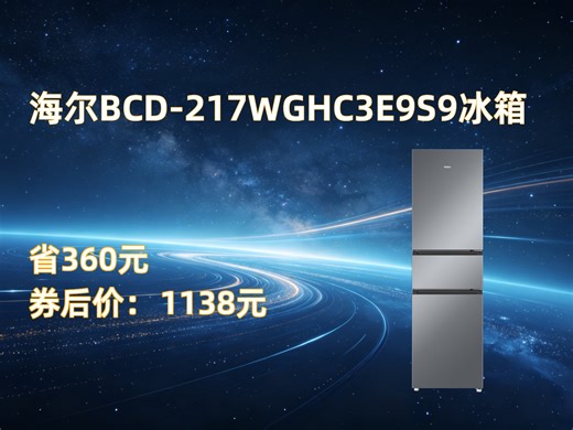 再降价、PLUS：海尔「真省电」 217升 三门冰箱 BCD-217WGHC3E9S9 抗菌 净味 一级能效 风冷无霜