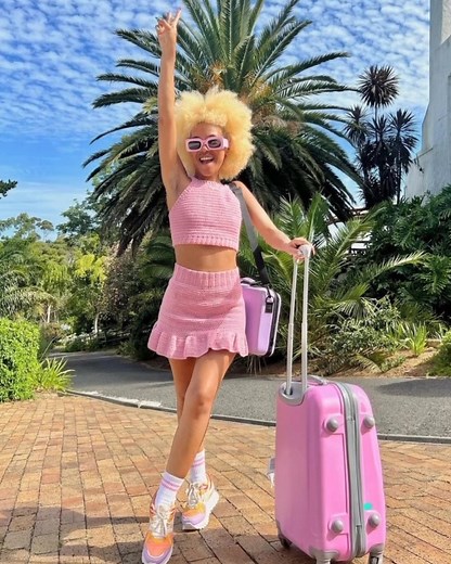 Kayla in Lala Top & Raffie Skirt.#crochet2022 #2022 #finecrochetsa2022designs #finecrochet #finecrochetsa #crochet #crocheters #crochetsa