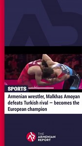 Greco-Roman wrestler Malkhas Amoyan has defeated Turkish wrestler 4-3 at the European Greco-Roman Wrestling Championship in Budapest — making him the European champion. Amoyan is seen rushing to his head coaches Gevork Alexanyan and Eduard Sahakyan for his first victory embrace. The Turkish loser is seen crying after his defeat. This is the first time Amoyan is competing in the 77 kg and he is able to become a gold medalist and champion. After Amoyan defeats his Turkish rival, he is seen helping