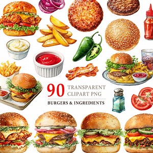 90 Burger & Ingredient PNG Transparent Background | Fast Food Clipart Set, Hamburger, French Fries, Chicken Burger, Bacon, Cheese, Ketchup - Etsy