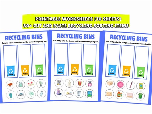 Printable Recycling Bins Worksheets | 80  Cut and Paste Recycling Sorting Activities for Preschool Kids - Etsy