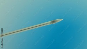 A medical syringe with a sharp needle. At the end of the needle is a drop of clear liquid. Macro