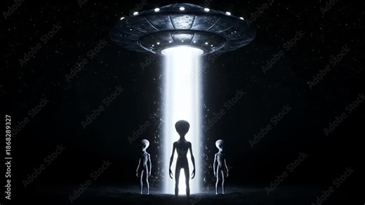 Alien silhouette figures in a light beam from a UFO in space.