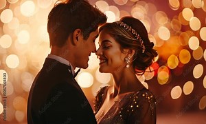 Romantic Couple's Embrace at Night: A tender moment captured between a bride and groom, their faces close as they share an intimate embrace against a backdrop of warm, sparkling lights.
