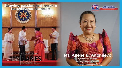 2022 CSC Pagasa awardee Supervisor Ailene B. Añonuevo shares how her dedication to public service made education accessible for the underserved. As the Chief Education Supervisor of the Department of Education's Schools Division of Panabo City in Davao del Norte, she initiated the construction Balay Paglaum Para sa Estudyanteng Lumad. This initiative led to not only to zero non-reader and zero dropout records but also to better opportunities for indigenous children. ——— Watch other videos of exe