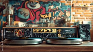 A 1980s vinyl record collection with colorful album covers from the hip-hop golden era, displayed on a retro turntable setup with graffiti art in the background. Stock Video