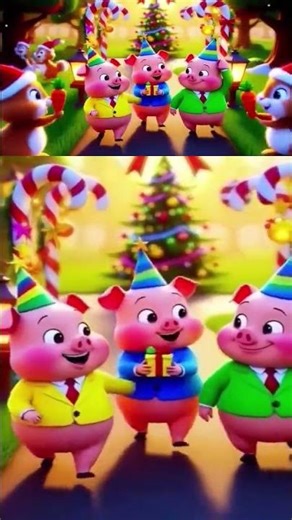 Three pigs celebrate Christmas with wolf and animals