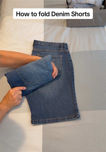 Here’s how to fold Denim Shorts for drawers. The first fold is ideal for soft fabrics. #foldingclothes #howtofold #laundrytok #foldinghacks #folding