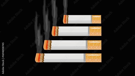 Smoking cigarettes animation loop. Anti smoking campaign danger warning health risk graphic. Animated tobacco burning sequence. Health risk addiction public service announcement psa motion graphics.