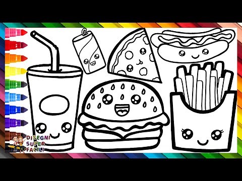 Come Disegnare il Fast Food 🍔🍕🌭🥤 Disegnare e Colorare Carini Cibi Veloci 🌈 Disegni per Bambini