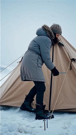 Tent and woman under the snow