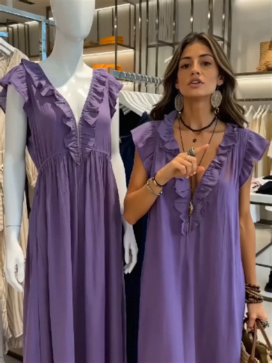 Robe longue bohème violette ample avec volants et poches pour l’été#RobeFemme #RobeLongue #StyleBoheme #ModeFemme #LookEte #TenueVacances #CasualChic #TikTokShopFrance #VetementFemme #BohoChic