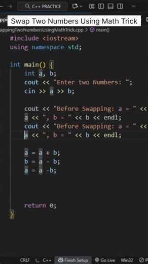 🧮 Swap Two Numbers Without a Temp Variable in C++ | Math Trick 💡 #shorts
