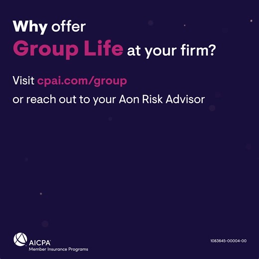 💡 #ICYMI: CPA Firm Managers, Partners, and Owners, here’s a benefit built for CPAs, by CPAs. The Group Life Insurance Plan is endorsed by the AICPA and designed specifically for CPA firms, offering flexible options, competitive pricing, and quality service. Learn more about AICPA-endorsed Group Plans here: https://bit.ly/42ULAYi #CPAs #Accounting #CPAFirms #CPALeaders #GroupLifeInsurance #FinancialProtection | AICPA Member Insurance Programs