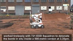 A successful controlled explosion was carried out at 3.35pm of a 500lb unexploded WWII German bomb, which was accidentally dug up by builders in Birmingham yesterday morning. Bomb disposal experts from 721 (Explosive Ordnance Disposal) EOD Squadron, part of 11 EOD Regiment, used the Cutlass robot to assist in its safe disposal. Members of 17 Squadron and 22 HQ Support Squadron of 101 (City of London) Engr Regt (EOD) built a mitigation system around the bomb using 250 tonnes of sand, to build a w