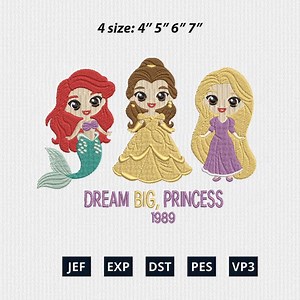 Chibi Princess Embroidery Design, Dream Big Princess Stitch, Cute Fairy Tale Princess Embroidery File, Girl Embroidery Design - Etsy