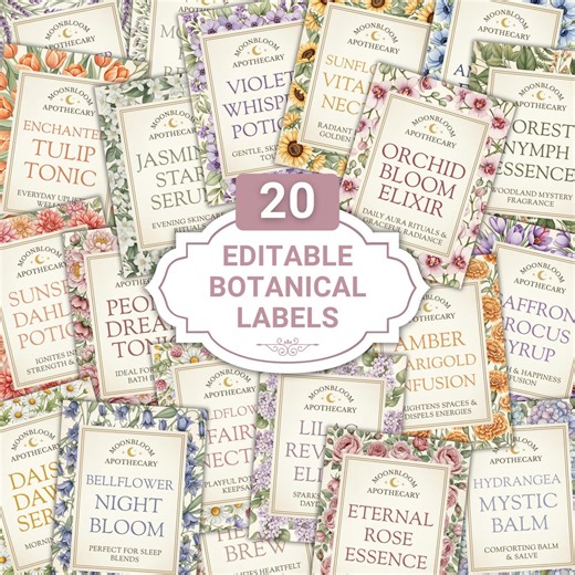 20 Editable Botanical Labels, Vintage Herbal Apothecary Stickers, Gold Pastel (canva Template) - Etsy