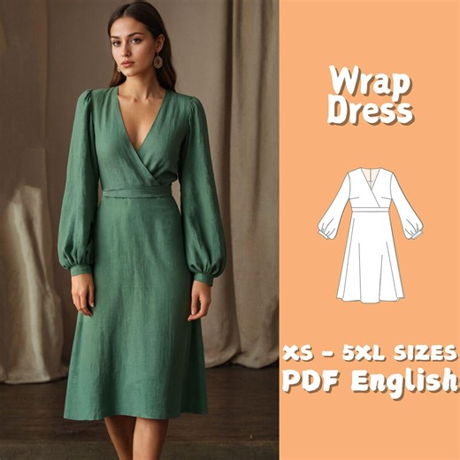 Wrap Dress Sewing Pattern Midi Linen Dress With Bishop Sleeve DIY Project Cottagecore V Neck Dress XS - 5XL Pattern - Etsy