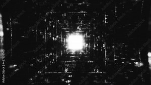 Flying Through Digital Data technologic tunnel. Big Data Digital tunnel square with futuristic matrix. Binary code particles network. Technological and connection motion background UHD 4K 3d render