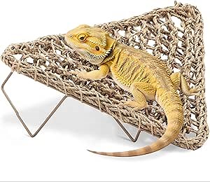 Bearded Dragon Hammock - Reptile Bed Tank Accessories with Collapsible Metal Legs - Basking Platform and Decor for Lizards, Leopard Gecko, Snake, Hermit Crab, Frog (Nature, Triangle)