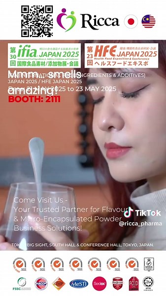 Exciting News from Ricca Flavour! Join us as we take the stage at the IFIA Japan 2025 from May 21st to May 23rd at the Tokyo Big Sight. Dive into a world of innovation with our range of products including Savoury Flavours, Heat-Stable Bakery Flavours, Cloudy Agents for Beverages, and Micro-Encapsulated Powders. Discover how our cutting-edge solutions can elevate your creations at Booth 2111. Don't miss a chance to explore taste revolutionized! #IFIA2025 #RiccaFlavour #TokyoBigSight #FoodInnovati