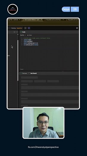 100 Days of Learning SQL Episode 26 Leet Code SQL 50 Question 2 ဒီမှာ WHERE OR NULL Keyword တွေကိုပေါင်းပြီးရေးနေရပါပြီ။ Link Here : https://leetcode.com/studyplan/top-sql-50/ ကျေးဇူးပါ။ နောက်ပို့စ်မှာတွေ့တာပေါ့။ #theanalystperspective #knowledgesharing #dataanalyst #dataanalytics #SQL | The Analyst Perspective