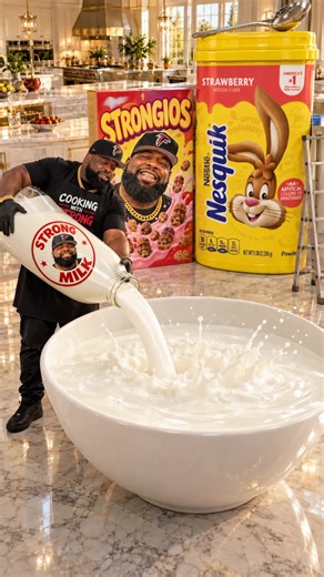 I made my own GIANT Strongios cereal with my FACE on every piece 😂🥣🍓 #CookingWithStrong #Cereal #StrawberryMilk #GiantFood #Breakfast