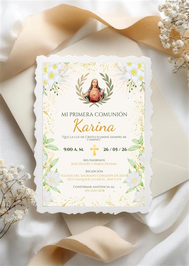 Editable First Communion Invitation for Girls | Classic Religious | Sacred Heart in the Center | Digital Download via Canva - Etsy