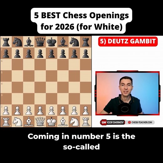 New Video Out! In this video, GM Igor Smirnov reveals the 5 best chess openings for White in 2026, based on win-rate data and the likelihood of reaching your desired positions. These systems are designed to work against the most popular and solid defense of Black, including the Caro-Kann and the Sicilian Defense. #chess #chesslessons | Remote Chess Academy