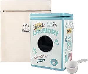 Haigensy Large capacity laundry powder container & Laundry bag and scoop set, The Washing Machine Design Metal Powder Box，and Decor Display Canister Box for Laundry Room Organization