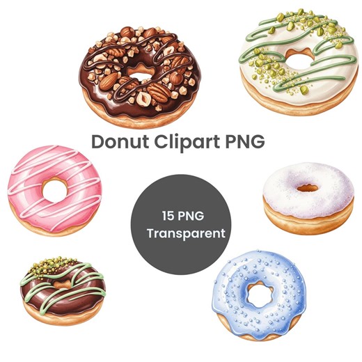 Watercolor Donut Clipart PNG Bundle | 15 Donuts | Pink Chocolate Pistachio | Transparent Background | 300 DPI - Etsy
