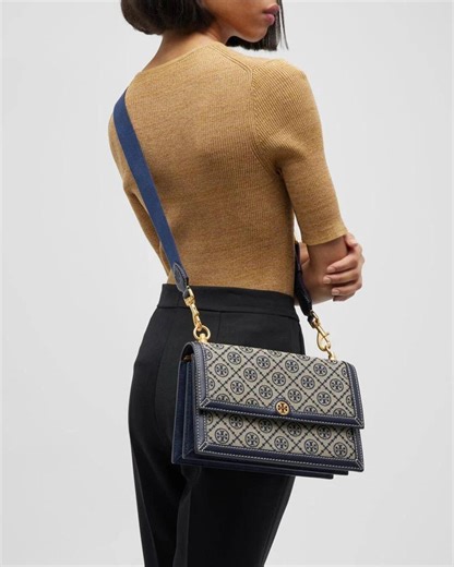 Tory Burch T Monogram Jacquard Shoulder Bag | Navy Leather Trim - Etsy Canada