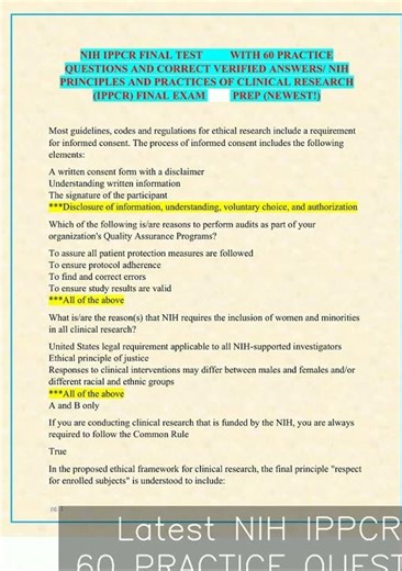 Latest NIH IPPCR FINAL TEST WITH 60 PRACTICE QUESTIONS AND CORRECT VERIFIED ANSWERS NIH PRINCIPLES A