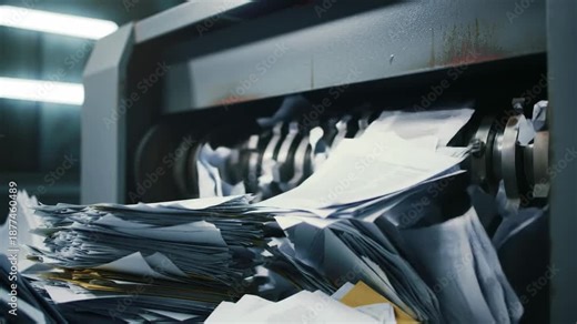 Paper documents being shredded by a mechanical shredder for document destruction and data security.