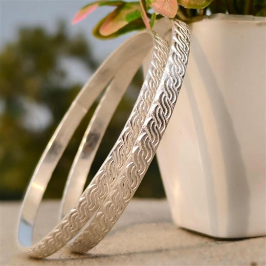 Sterling Silver 925 Textured Wave Bangle Bracelet- Set of 2 - Etsy