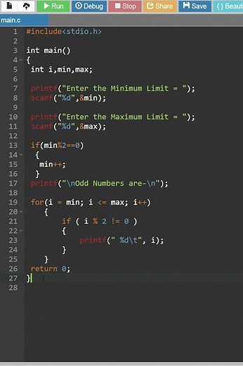 c program to print odd numbers in a given range #short