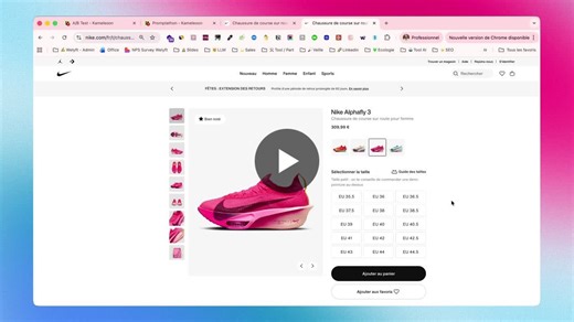 Kameleoon a lancé le tout premier Promptathon au monde (Prize Pool de 100K 💸 !) Pour tester, j’ai optimisé la PDP de Nike, et c est bluffant... 🤯 Pour rappel, le concept est simple : Tu choisis… | Clément Hornec