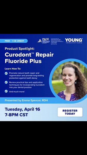 Join us for this FREE LIVE CE! "Product Spotlight: Curodont" presented by Emma Spencer, RDH. This course will be held on April 16th, 2024 7:00 PM – 8:00 PM CST. Course Description: Curodont Repair Fluoride Plus is an innovative dental biomimetic product that promotes natural tooth repair and regeneration while providing long-lasting protection against tooth decay. It is pain-free, needle-free, stain-free, and a non-invasive treatment to treat your patients. You no longer have to use the same tra