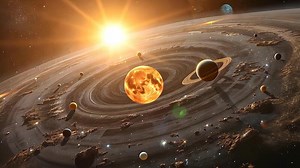 Download Spectacular Solar System with Planets Orbiting a Glowing Star. A mesmerizing solar system view featuring multiple planets and asteroids revolving around a vibrant, glowing central star. for free