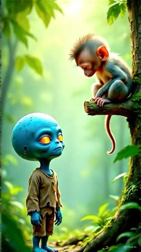 Little Alien Meets Baby Monkey 😱🙉