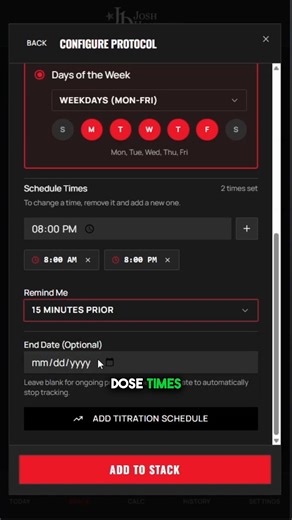 Free Peptide and Supplement Tracker One of the biggest problems people face is calculating peptide dosages correctly and staying consistent when running complex stacks. Keeping track of everything becomes a challenge. I built an app to solve both problems. The JH Peptide and Supplement Tracker gives you: 1. Stack builder with custom schedules (daily, specific days, or cycle-based dosing) 2. Built-in reconstitution calculator that shows recommended dosages and exactly where to draw on your syring