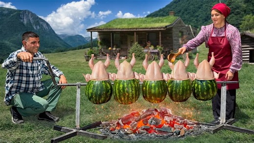 Whole chicken baked inside a watermelon - rustic village style!