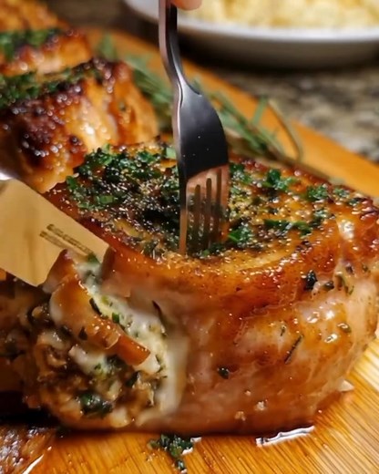 Juicy stuffed pork chop Ingredients: 4 thick-cut, bone-in or boneless pork chops (at least 1.5 inches thick) 1 tbsp olive oil Seasoning (kosher salt, black pepper, garlic powder, onion powder, paprika) For the Stuffing: 1 tbsp unsalted butter 1/2 cup finely diced yellow onion and 1/2 cup finely diced celery 1 clove garlic, minced 4 cups day-old bread cubes (from crusty bread) 3/4 cup warm chicken broth Chopped fresh herbs (parsley, sage, thyme) 1/4 cup grated Parmesan cheese (optional) Instructi