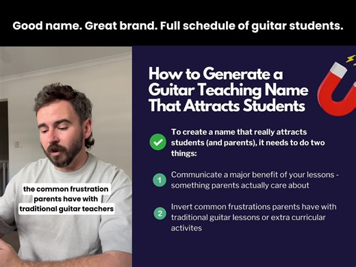 If your guitar teaching or music school business name sounds like ‘John Smith Guitar Lessons' or ''Hugh Janus Music Academy' you're not doing anything wrong...but you're definitely missing an opportunity. In 3-5 minutes, I’ll show you how to pick a guitar teaching brand name that grabs attention and actually drives student sign ups. Comment 'BRAND' and I’ll DM you my Brand Name Builder. It's a copy and paste AI prompt that turns parent fears and frustrations into powerful brand names you can use