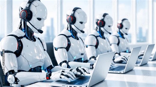 AI robots are working in a call center. Robots are working in a office. Robots are working with laptop.
