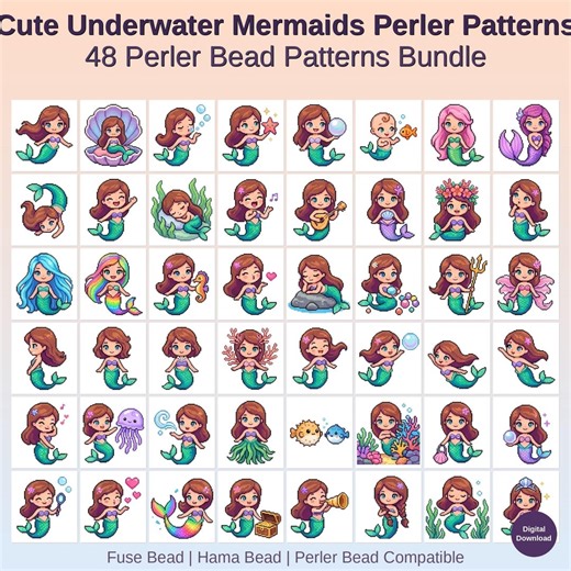 Underwater Mermaids Perler Bead Patterns, 48 Designs (PDF Digital Download) - Etsy