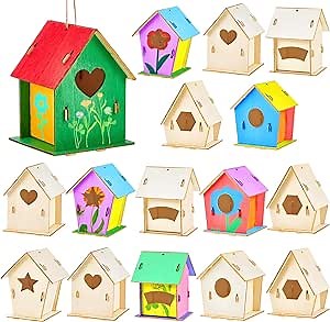 Juexica 15 Pcs 4" Wooden Birdhouses, Unfinished Wood Bird Houses Kits Arts and Spring Crafts Kids Wooden Bird Houses Bulk for Children to Build and Paint DIY Craft (Modern)