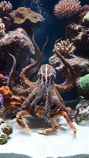 The silent, stunning power of the ocean predator. Watch as this large octopus completely overpowers a massive crab, demonstrating incredible strength and intelligence. The battle is brief, but the dominance is absolute! 🦀🐙🪸🌿💧🌊 #wildanimals #animals #animallover #animalphotography #aquarium #aquariumlife #marine #marinelife #saltwateraquarium #saltwatertank #fishtank #viralvideo #viralanimals | Chhim SeakLim