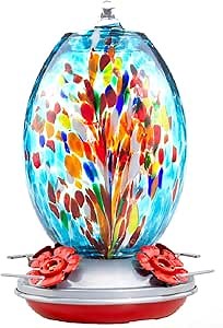 Muse Garden Glass Humming Bird Feeders for Outdoors - 27OZ Blown Glass Hummingbird Feeder - Unique Gift Mom Women, Outdoors Hanging Garden Decor, Includes Ant Moat & Brush, Blue Fireworks