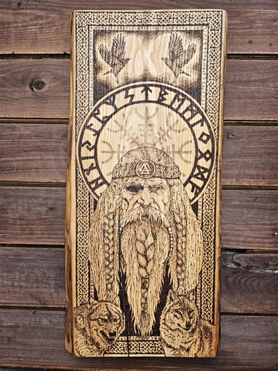 Pyrography Viking Odin Plaque, Ash Wood Wall Art, Wolves and Runes - Etsy UK